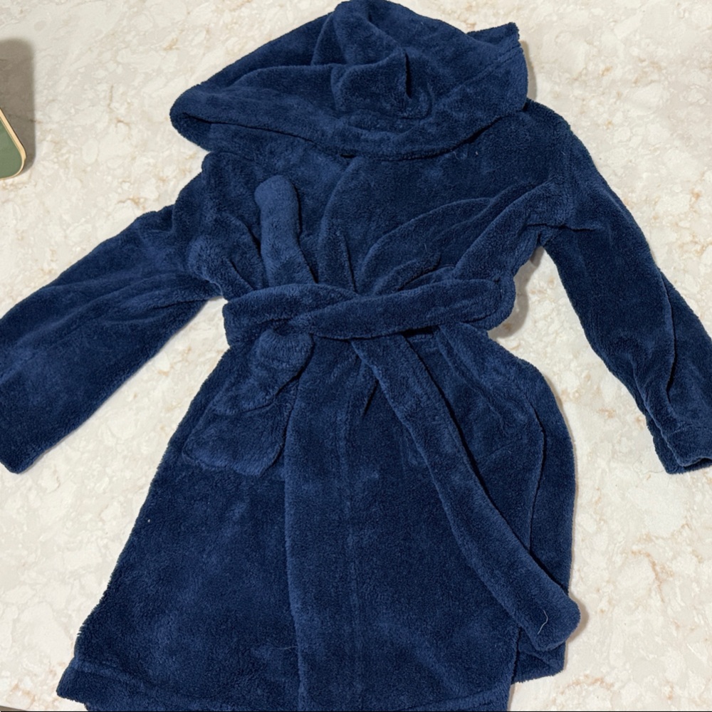 Lands End Plush Navy Blue Hooded Robe